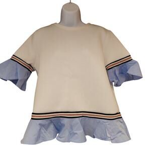 Moelluex White Top With Blue Trim And Sleeve Sz M